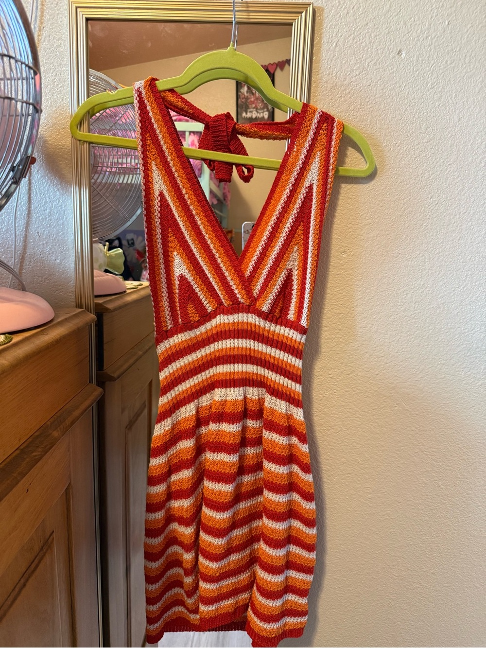 Knitted Halter Stripe Mini Dress - Orange & White